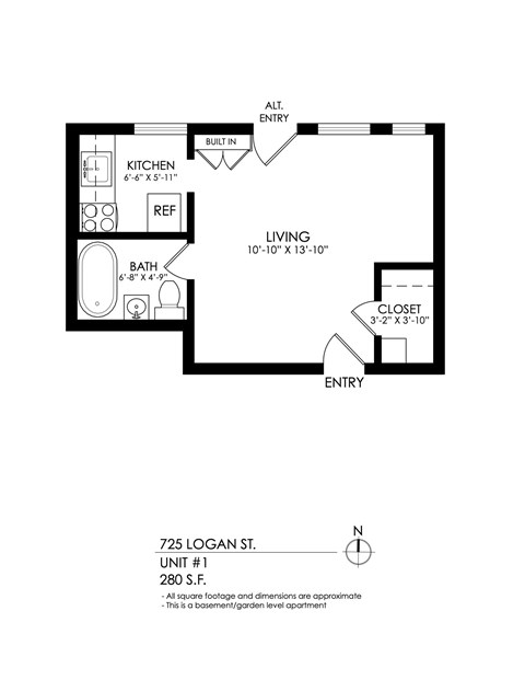 Floor plan for studio, 1 bath, 280 sqft